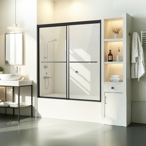 Bathtub Shower Door, 56-60 in. W x 60 in. H, Semi-Frameless Double Sliding Tub Door, Semi-Frameless Bypass Tub Door with 1/4 in Shatterproof Tempered Glass and Stainless Steel Handle, Black