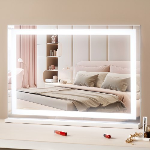 Large Vanity Mirror with Lights, Three Color Lighting Modes, Lighted Makeup LED Mirror,5X Magnification,USB Port,Smart Touch Control,Desktop Wall-Mounted (31.5x21.7 in, White)