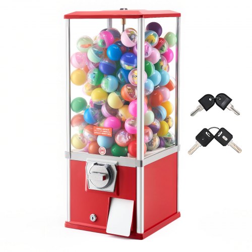 Gumball Machine for Kids, 25' Height Home Vending Machine, PS Bouncy Balls Dispenser, Hold 230 Capsule Toys, Rectangle Bubble Gum Machine for Game Stores, Coin Operated Gumball Bank, Red