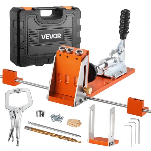 Pocket Hole Jig Kit, 1/2 to 1-1/2 in Adjustable, Jig Pocket Hole System with Toolcase, C-Clamp, Step Drill, Hex Wrench, Drill Stop Ring, Square Drive Bit, Reinforced Metal Frame, for Woodworking