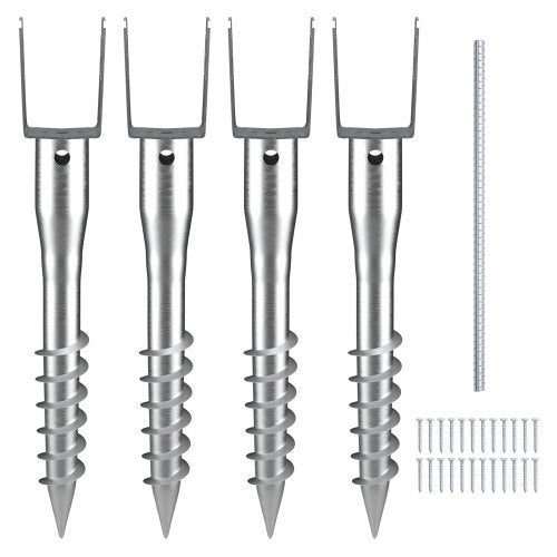No Dig Ground Anchor, 4 Pack 3.94 x 2.76 x 27.56 in DIY Screw in Post Stake, Includes 6 Lag Bolts & a Rebar, U-Shape Heavy Duty Steel Post Holder, Great for Mailbox Posts and Fence Posts