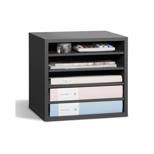 Literature Organizer, 5 Compartments Office Mailbox with Adjustable Shelves, Wooden Mailbox Sorter Medium Density Fiberboard Office Home Classroom Storage for Files, Documents, Papers, Grey