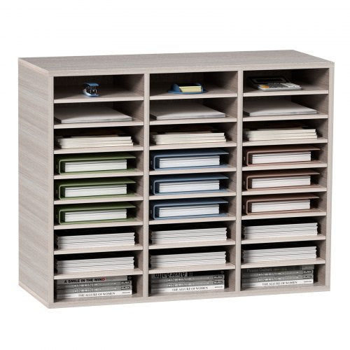 27 Compartments Wood Literature Organizer, Adjustable Shelves, Medium Density Fiberboard Mail Center, Office Home School Storage for Files, Documents, Papers, Magazines, Grey