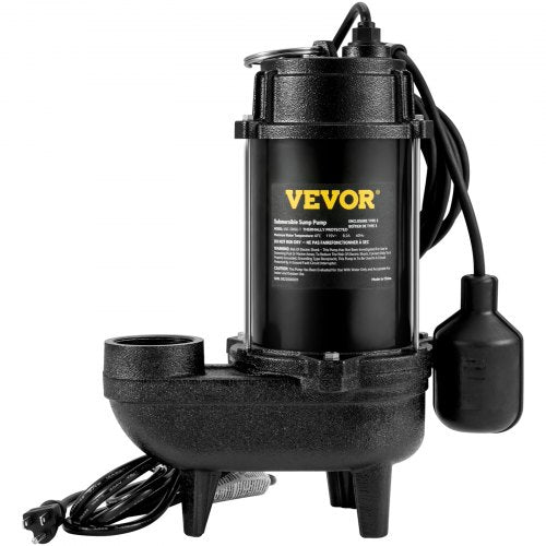 Submersible Sewage Pump, 3/4 HP, 5880 GPH, 1050W, Durable Cast Iron, Includes 2' Outlet and 10 ft Piggy-back Float Switch, Ideal for Septic Tanks, Basements