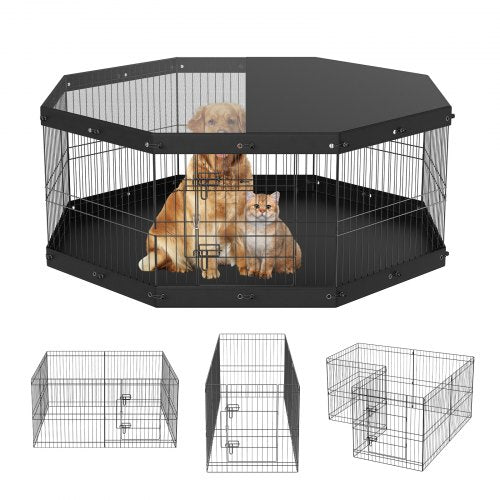 Dog Playpen, 8 Panels Foldable Metal Dog Exercise Pen with Top Cover and Bottom Pad, 24' H Pet Fence Puppy Crate Kennel, Indoor Outdoor Dog Pen for Small Medium Pets, for Camping, Yard