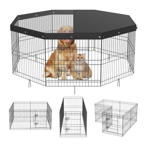 Dog Playpen, 8 Panels Foldable Metal Dog Exercise Pen with Top Cover, 24' H Pet Fence Puppy Crate Kennel with Ground Stakes, Indoor Outdoor Dog Pen for Small Medium Pets, for Camping, Yard