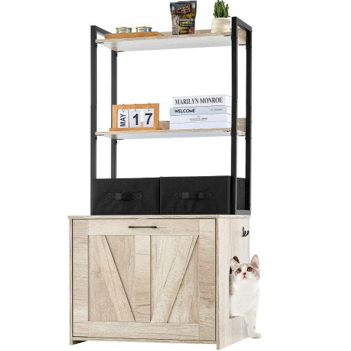 Cat Litter Box Enclosure, Hidden Litter Box Furniture with 2 Storage Shelves & 2 Baskets, Wooden Cat Washroom Indoor, Cat House Cabinet Fit Most of Litter Box, 23.6'L x 19.7'W x 50'H, Natural