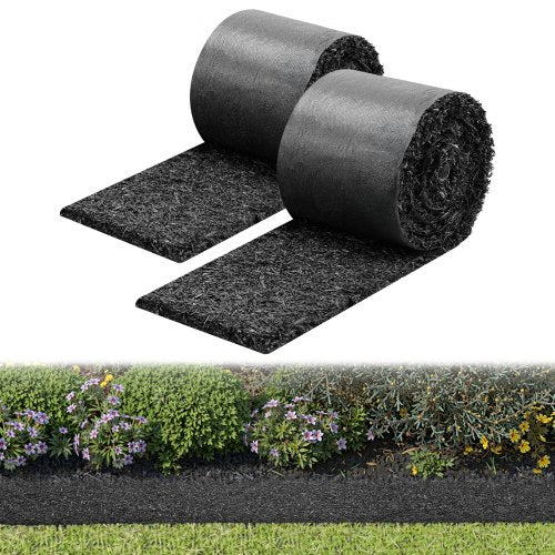 Rubber Mulch Mat Roll, 2 Rolls 140 x 4.5 in, Recycled Rubber Permanent Mulch Edging Border, Natural-Looking Flower Barrier with Stakes, 0.5 in Thick Cuttable Garden Edgings for Landscaping