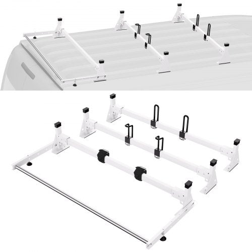 Trailer Ladder Rack, 54' 3 Crossbars Ladder Roof Rack, Heavy-duty Steel Van Roof Rack, 800 lbs Capacity Van Ladder Rack with Cargo Roller and Straps, Fit for Ford Transit 150 250 350, 2015-2022