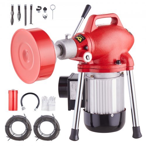 Drain Cleaner Machine 120FT x 5/8 Inch, 370W Electric Sewer Snake Auger Manual Feed - with 2 Sectional Steel Cables(120' x 5/8' and 23' x 3/8'), 7 Cutters and CW/CCW Control for 1.6' to 4' Pipes