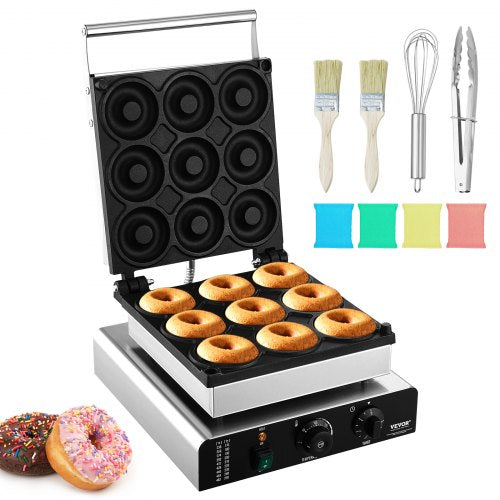 Electric Donut Maker, 2000W Commercial Doughnut Machine with Non-stick Surface, 9 Holes Double-Sided Heating Waffle Machine Makes 9 Doughnuts, Temperature 122-572¨H, for Restaurant and Home Use