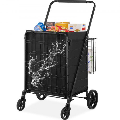 VEVOR Folding Shopping Cart with Removable Waterproof Liner, 330LBS Large Capacity Jumbo Grocery Cart with Dual Basket, 360¡ã Swivel Wheels, Dense Metal Mesh Base, Heavy Duty Utility Cart for Shopping