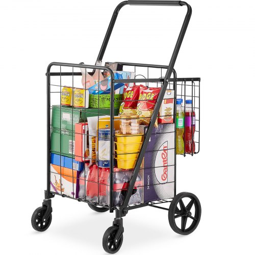 VEVOR Folding Shopping Cart, Jumbo Grocery Cart with Double Baskets, 360¡ã Swivel Wheels, Heavy Duty Utility Cart, 110 LBS Large Capacity Utility Cart for Laundry, Shopping, Grocery, Luggage