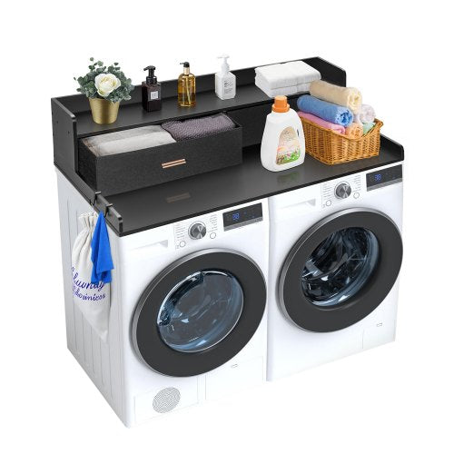 2 Drawers Washer Dryer Countertop with 2-Tier Shelf, 54' x 27' Wooden Washer and Dryer Countertop with Non-Slip Pads, Water-Resistant Laundry Topper for Laundry Room Organization, Black