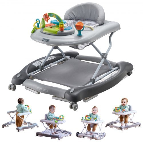 4-in-1 Baby Walker, Foldable Baby Activity Center on Wheels, 3 Adjustable Height, Music & Toys Tray, Learning-Seated | Walk-Behind | Rocker | Bouncer Toddler Walker for Girls Boys 6-24 Months