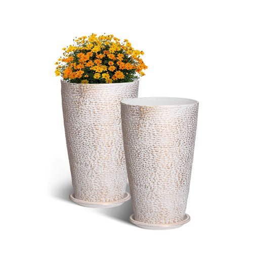 Set of 2 Tall Outdoor Planters 21'H, Round Large Planters For Front Porch and Patio, Stone Finish Flower Tree Plant Pots