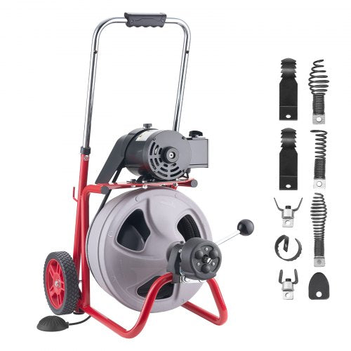 Drain Cleaner Machine 75 FT x 3/8 Inch, Auto Feed Sewer Snake Drain Auger on Wheels, Portable Drain Cleaning Machine with 8 Cutters & Air-Activated Foot Switch for 2' to 4' Pipes