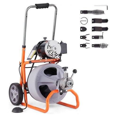Drain Cleaner Machine 75FT x 3/8 Inch, Auto Feed Sewer Snake Drain Auger on Wheels, Portable Drain Cleaning Machine with 8 Cutters & Air-activated Foot Switch for 2' to 4' Pipes