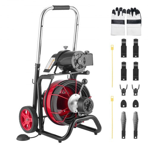 Drain Cleaner Machine 100 FT x 1/2 Inch, Auto Feed Sewer Snake Auger on Wheels - with 8 Cutters & Air-Activated Foot Switch for 2' to 6' Pipes