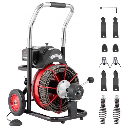 Drain Cleaner Machine 100FT x 1/2 Inch, Auto Feed Sewer Snake Auger on Wheels, 550W Portable Drain Cleaning Machine with 8 Cutters & Air-activated Foot Switch for 2' to 4' Pipes