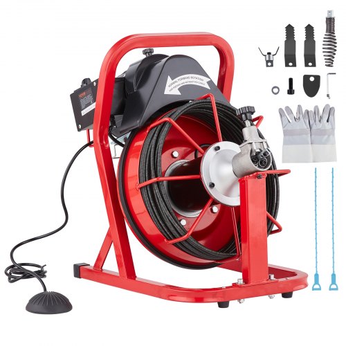 Drain Cleaner Machine 50FT x 3/10 Inch, Auto Feed Sewer Snake Auger, Electric Drain Cleaning Machine with 4 Cutters & Air-activated Foot Switch for 2' to 4' Pipes