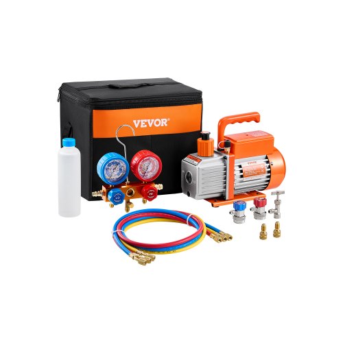 3.5 CFM AC Vacuum Pump and Gauge Set, Single Stage Rotary Vane HVAC Air Vacuum Pump, A/C?Refrigerant?Manifold Gauge Kit, with Hoses, for R134a, R12, R22, R502a, R410A, R404, R407C Refrigerants