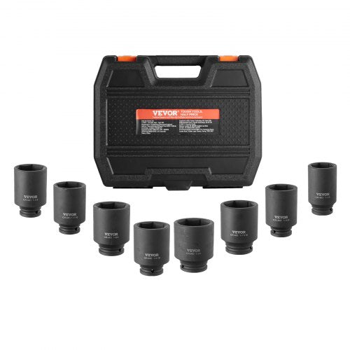 Axle Nut Impact Socket Set, 1/2' Drive Deep 12-Point 8-Piece Metric Spindle Nut Socket Set, CR-MO Heat Treated Large Socket Set with Storage Case, Auto Repair, Removing or Installing Axle Nuts