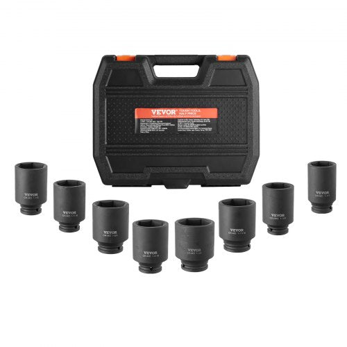 Axle Nut Impact Socket Set, 1/2' Drive Deep 6-Point 8-Piece SAE Spindle Nut Socket Set, CR-MO Heat Treated Large Socket Set with Storage Case, for Auto Repair, Removing or Installing Axle Nuts
