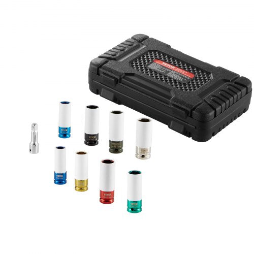 Lug Nut Impact Socket Set, 1/2 inch Drive Metric and SAE 6-Point Deep Socket Set, 8 Total Lug Nut Sizes, CR-MO Steel Wheel Socket Set with Storage Case and Extension Bar, for Auto Repair
