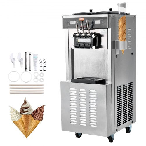 Commercial Ice Cream Machine, 34-44 L/H Yield, 3400W 3-Flavor Freestanding Soft Serve Ice Cream Maker, 2 x 9L Stainless Steel Hopper, LED Panel Allows Single Cylinder Use Overnight Refrigeration