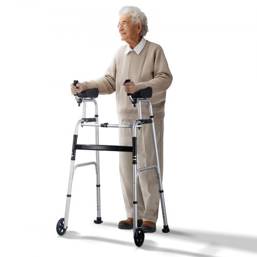 2 in 1 Folding Walker & Removable Armrests, Height Adjustable Foldable Walker with 5' Solid Wheels, Lightweight Aluminum | Front Wheeled Mobility Aid for Elderly Handicapped Disabled, 450 Pounds