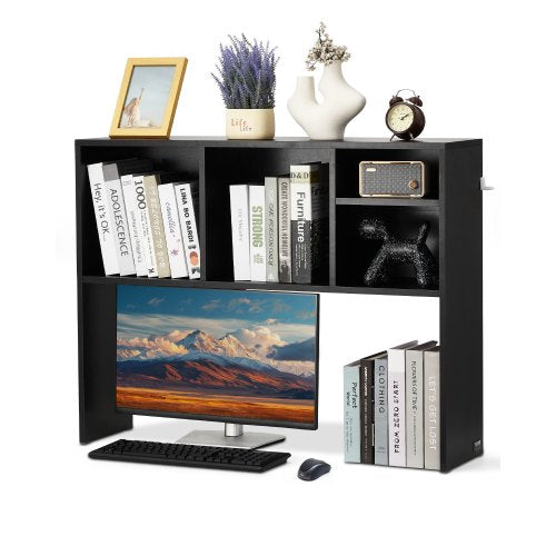 Desktop Bookshelf, 1-Tier Desktop Storage Organizer, 37' x 9.4' x 28.7' Office Storage Rack Wood Display Shelf, Desktop Bookshelf Hutch with Anti-Slip Feet Pads, for Office, Home & Dorm, Black