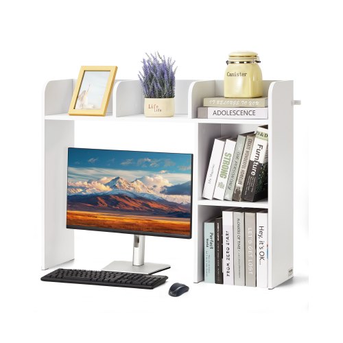 Desktop Bookshelf, 2-Tier Desktop Storage Organizer, 37.2' x 9.5' x 28.9' Office Storage Rack Wood Display Shelf, Desktop Bookshelf Hutch with Anti-Slip Feet Pads, for Office, Home & Dorm, White
