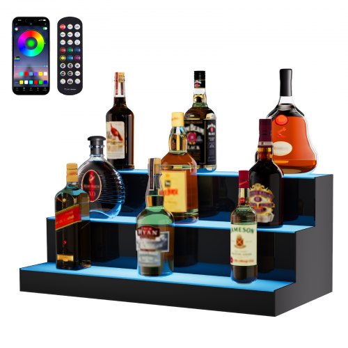 LED Lighted Liquor Bottle Display, 3 Tiers 24 Inch Commercial Illuminated Home Bar Shelf, 3 Steps Whiskey Rack Stand, Acrylic Drink Shelves with RF Remote & App Control, and Multicolor lighting