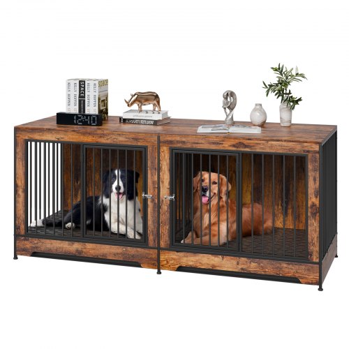 75' Dog Crate Furniture for 2 Dogs, Extra Large Double Dog Crate Furniture Large Breed with Divider & Double Doors, Large Wooden Dog Crate Furniture TV Stand for Medium Large Dogs Brown
