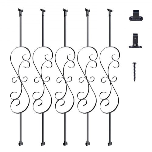 Staircase Metal Balusters, 44'' x 1/2' Galvanized Steel Decorative Banister Spindles, 5 Pack S Shape Deck Baluster, Hollow Satin Black Spiral Stair Railing with Shoes & Screws