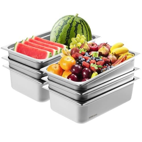 6 Pack Hotel Pans, Full Size Anti-Jam Steam Pan, 0.8mm Thick Stainless Steel Restaurant Steam Table Pan, 6-Inch Deep Commercial Table Pan, Catering Storage Food Pan, for Industrial & Scientific