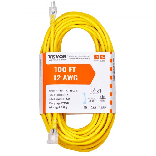 100FT Heavy Duty Extension Cord, 12AWG 15Amps 1875W, 3 Prongs Indoor Outdoor Electric Cord with Lighted End, Flexible & -40¡ãC Cold-Resistant for Lawn, Garage, Home Use, ETL Listed