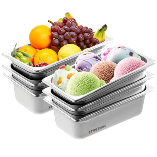 6 Pack Hotel Pans, 1/3 Size Anti-Jam Steam Pan, 0.8mm Thick Stainless Steel Restaurant Steam Table Pan, 4-Inch Deep Commercial Table Pan, Catering Storage Food Pan, for Industrial & Scientific