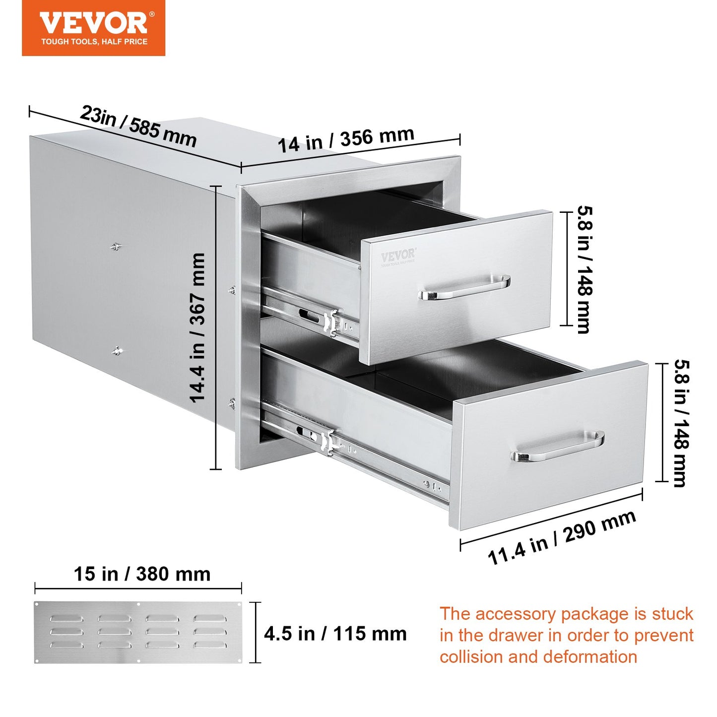VEVOR Outdoor Kitchen Drawers 14W x 14.3H x 23D Inch, Flush Mount Double BBQ Drawers Stainless Steel with Handle, BBQ Island Drawers for Outdoor Kitchens or Grill Station