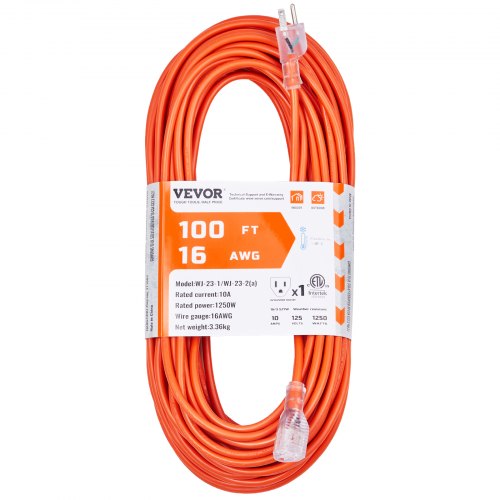 100FT Indoor Outdoor Extension Cord, 16AWG 10Amps 1250W, 3 Prongs Appliance Electric Cord with Lighted End, Flexible & -40¡ãC Cold-Resistant for Office Home Use, ETL Listed