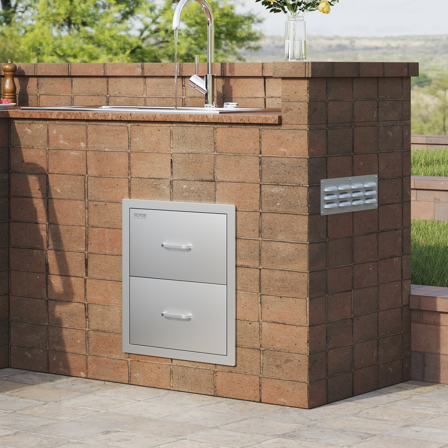 VEVOR Outdoor Kitchen Drawers 18W x 20.6H x 12.7D Inch, Flush Mount Double BBQ Drawers Stainless Steel with Handle, BBQ Island Drawers for Outdoor Kitchens or Patio Grill Station