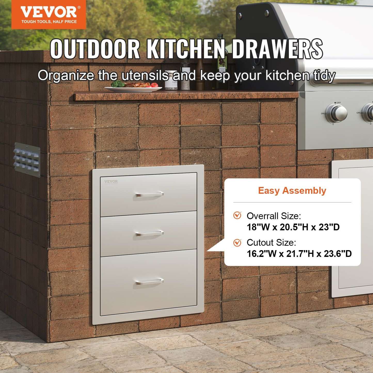 VEVOR 18x23 Inch Outdoor Kitchen Stainless Steel Triple Access BBQ Drawers with Chrome Handle, 18 x23 x 23 Inch