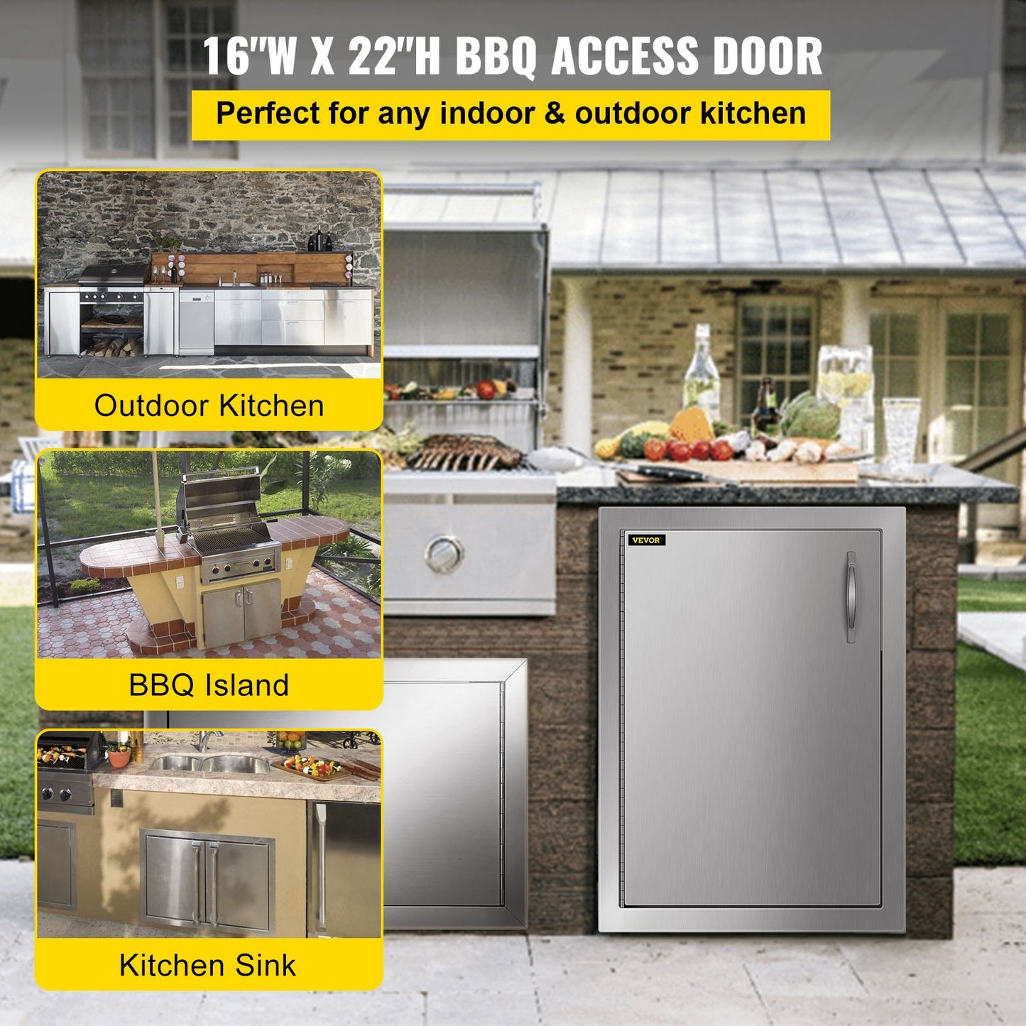VEVOR Outdoor Kitchen Access Door 16x 22 Single Wall Construction Stainless Steel Flush Mount for BBQ Island, 16inch x 22inch,,Single Door