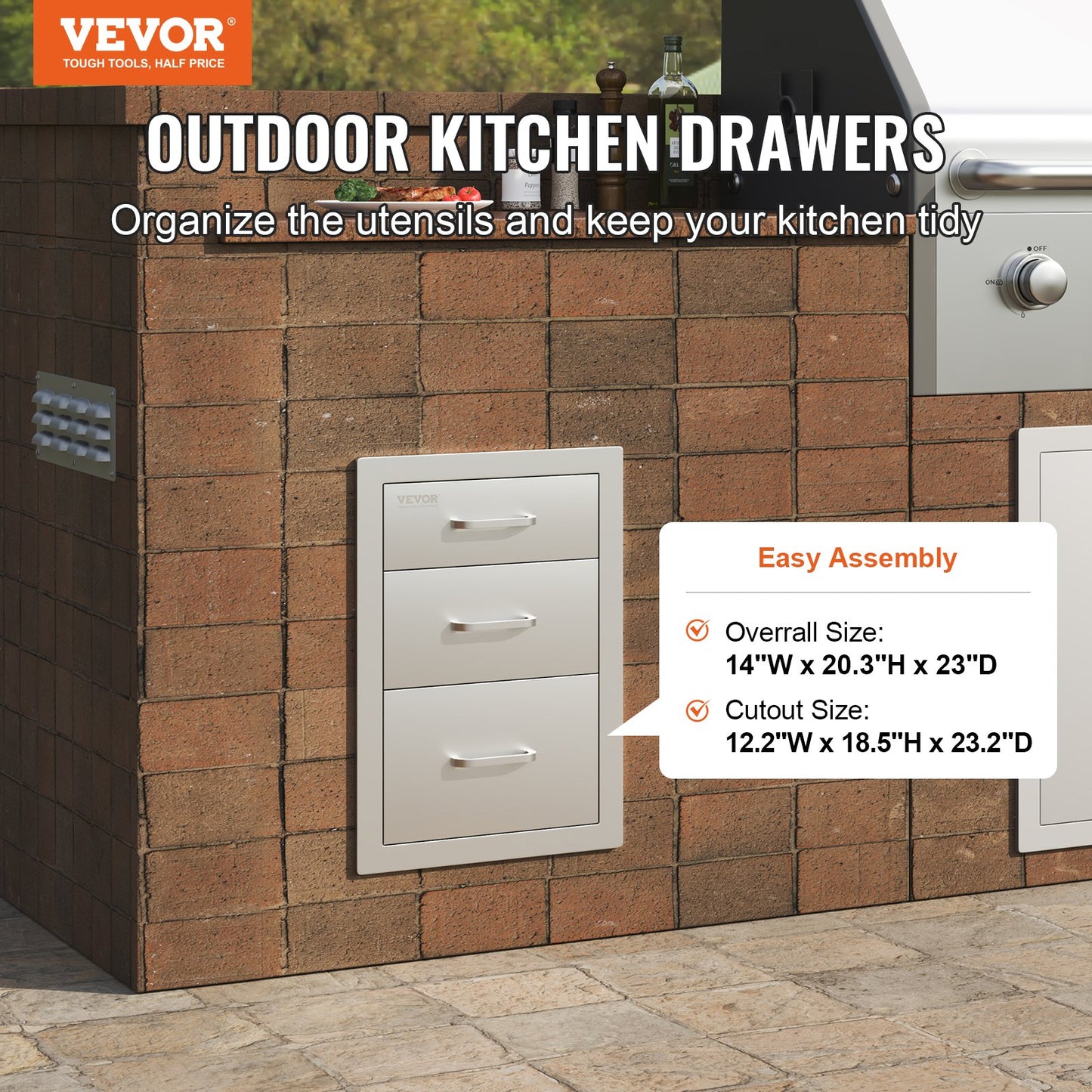 VEVOR Outdoor Kitchen Drawers 14 W x 20.3 H x 23 D, Flush Mount Triple Access BBQ Drawers Stainless Steel with Handle, BBQ Island Drawers for Outdoor Kitchens or Patio Grill Station