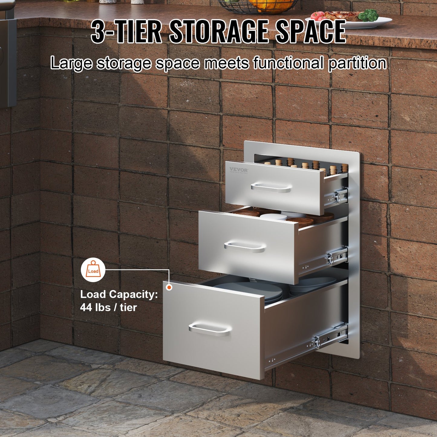 VEVOR Outdoor Kitchen Drawers 14 W x 20.3 H x 23 D, Flush Mount Triple Access BBQ Drawers Stainless Steel with Handle, BBQ Island Drawers for Outdoor Kitchens or Patio Grill Station