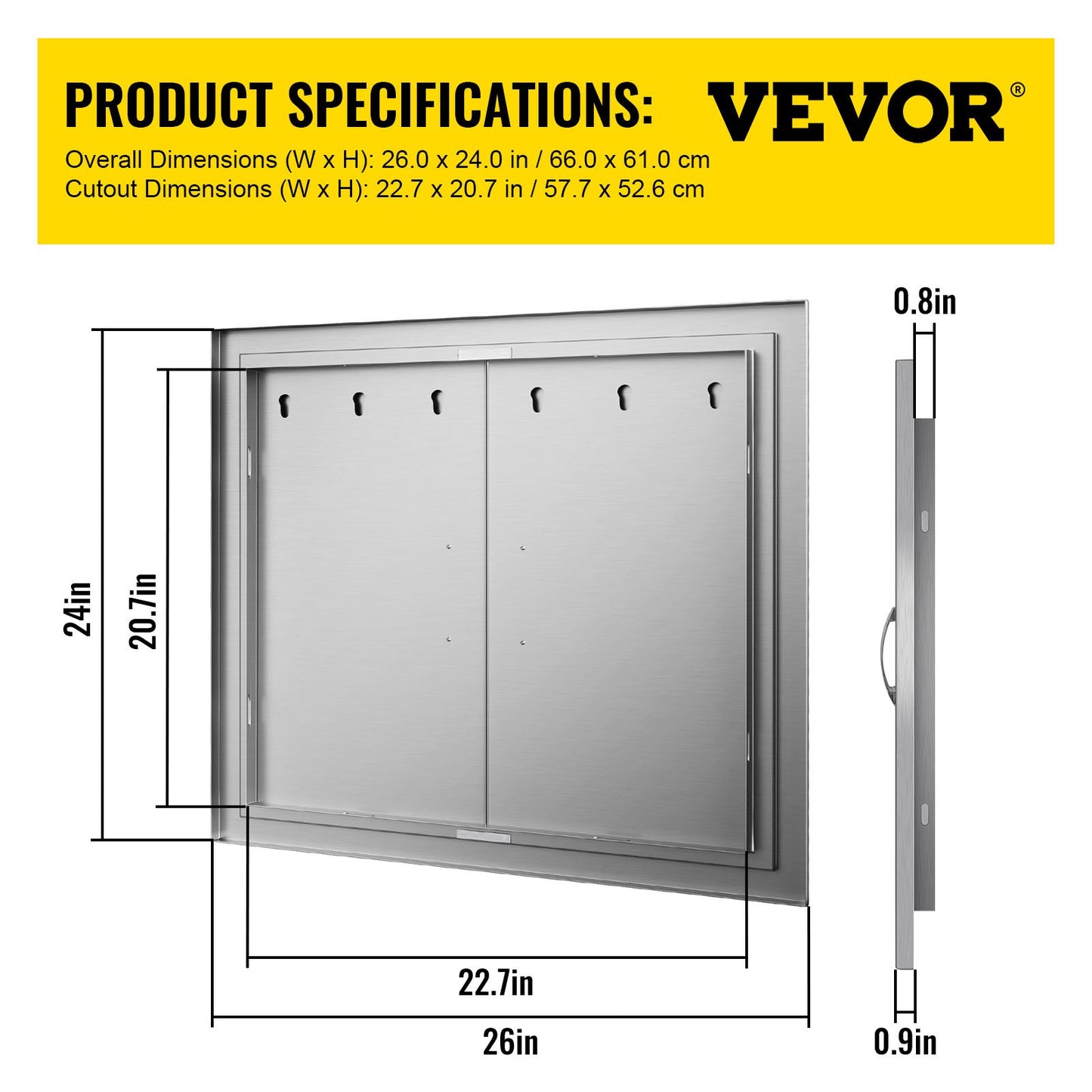 VEVOR Outdoor Kitchen Access 26x 24 Wall Construction Stainless Steel Flush Mount for BBQ Island, 26inch x 24inch, Double Door
