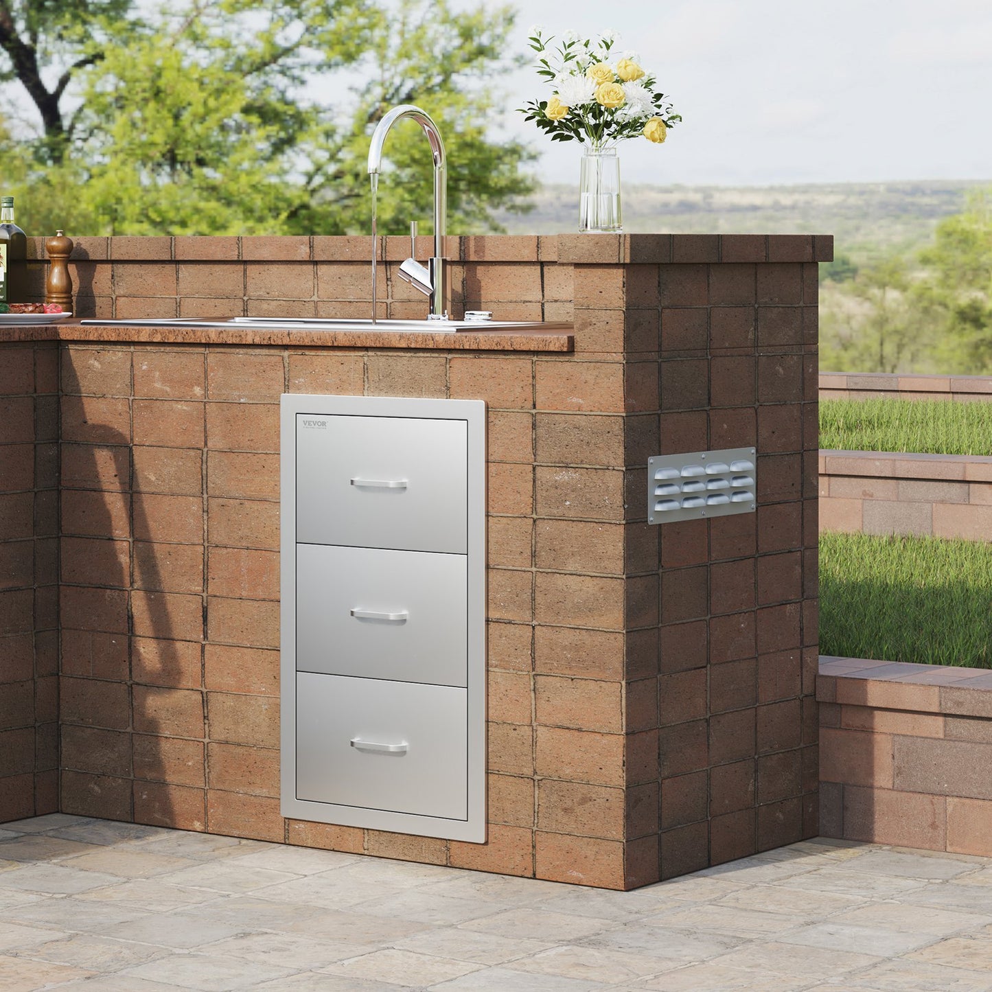 VEVOR 17W x 30H x 21D Inch Outdoor Kitchen Stainless Steel Double Access Drawers with Paper Towel Holder Combo for BBQ Island or Grill Station