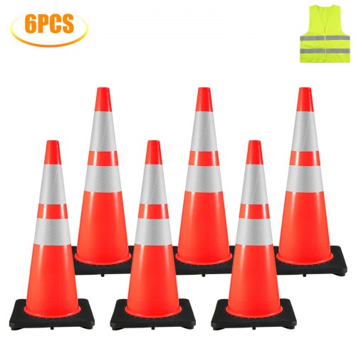 VEVOR 6Pack 36 Traffic Cones, Safety Road Parking Cone with Black Weighted Base, PVC Orange Traffic Safety Cones, Hazard Cones Reflective Collars for Construction Traffic Parking