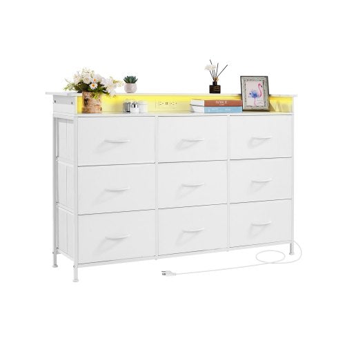 9 Drawer Dresser, Tall Drawer Dresser with Fabric Bin, Closet Storage Drawers with Sturdy Metal Frame, LED Lights & Built-in Outlet, Fabric Storage Tower for Bedroom, Hallway, Closet, White